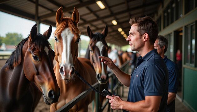 Man interacting with horses in a stable.