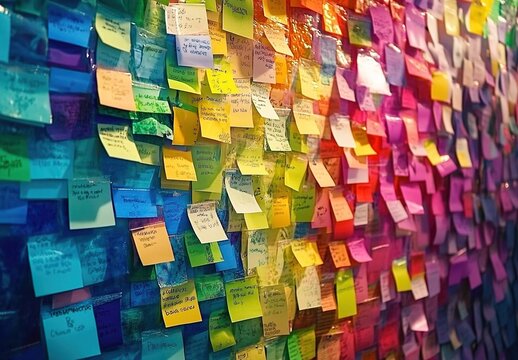 A wall covered in colorful Post-it notes, each note containing unique messages and ideas. 