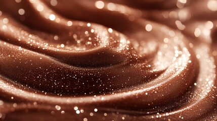 A close-up view of creamy chocolate, showcasing smooth, swirled textures and a shimmering finish.