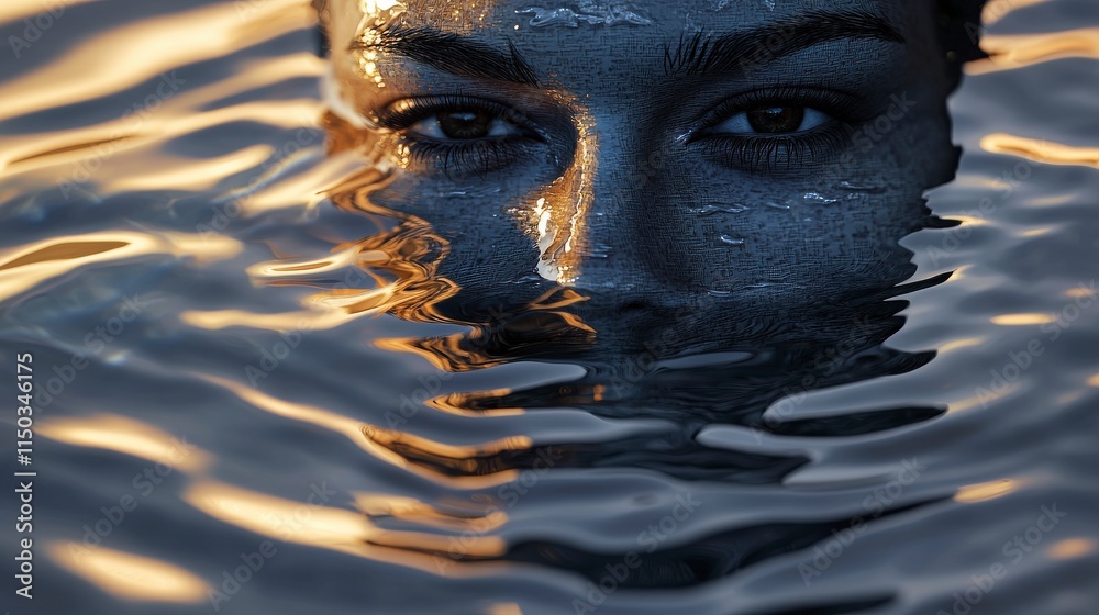 Aufkleber Ghostly reflection of a face in water ethereal imagery serene environment conceptual art captivating viewpoint