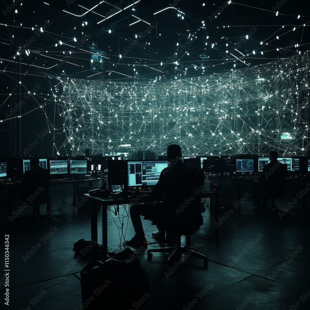 Poster modern technology hub showcasing data visualization in a dark environment with multiple screens and 