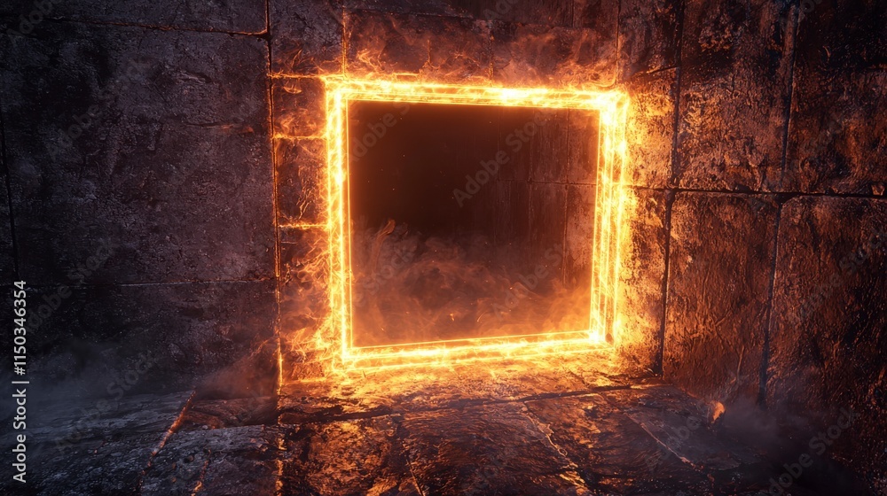 Poster flickering square portal mysterious realm digital art dark environment mystical viewpoint enigmatic 
