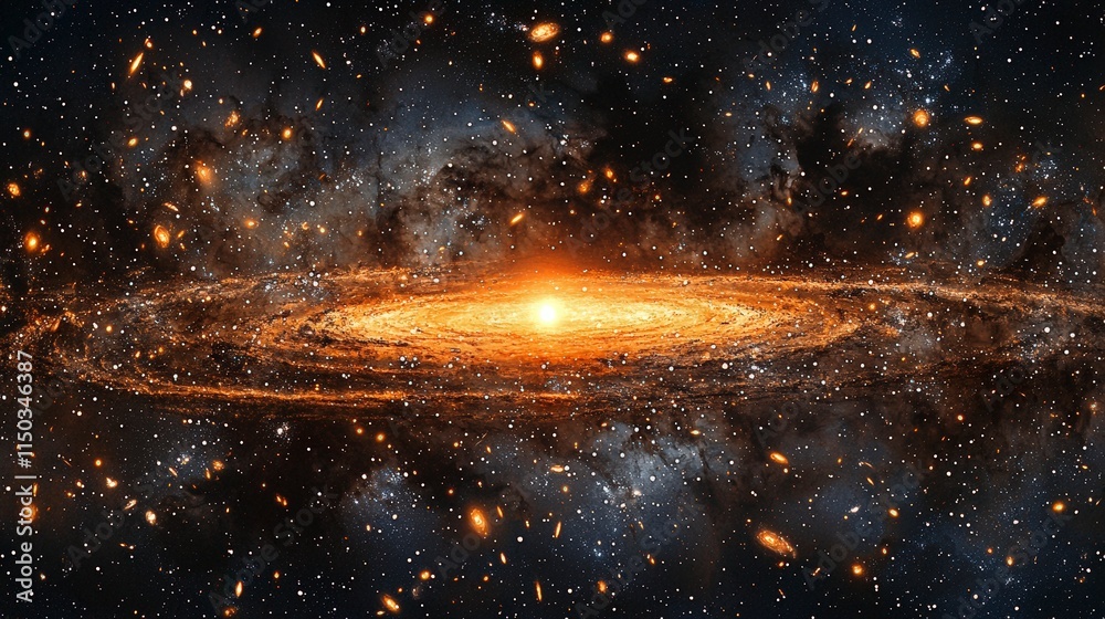Poster expanding galaxy with glowing core deep space digital art cosmic scene vast universe galactic evolut