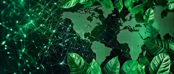 A digital representation of a world map intertwined with lush green leaves, symbolizing the connection between nature and technology.