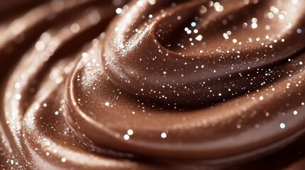A close-up of smooth, rich chocolate frosting with a glossy sheen and sparkling texture, inviting indulgence.
