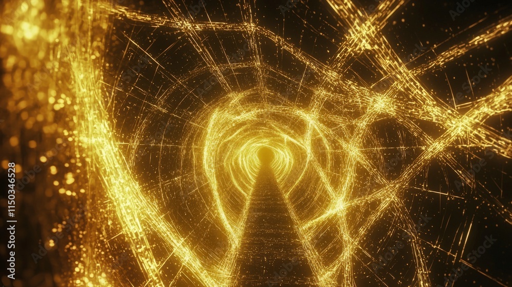 Poster Glowing wireframe structure transforming in dark space digital art visuals abstract environment futuristic perspective