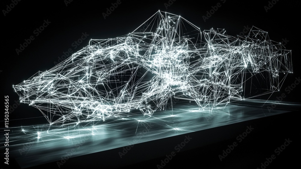 Poster Dynamic glowing wireframe car structure digital space 3d model futuristic environment side view conceptual design