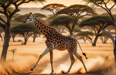 Giraffe running on background track desert nature wildlife and snow