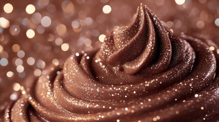 A close-up of rich, glossy chocolate frosting, artfully swirled, glistening with a sprinkle of shimmering particles.