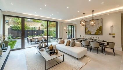 Fototapeta premium A modern living room with a white sofdining table with chairs,and coffee tables