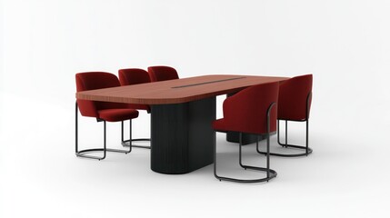 Fototapeta premium Modern conference table with six red upholstered chairs on white background.