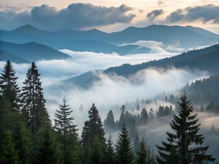 Misty spruce forest with low clouds in mountains Natural background 