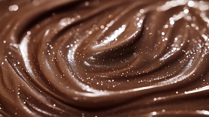 A close-up view of rich, glossy chocolate spread, showcasing its smooth texture and glistening surface, inviting indulgence.