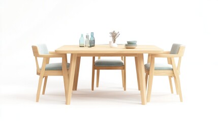 Simple wooden dining table with four chairs and centerpiece.