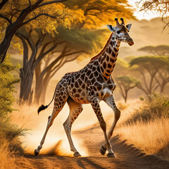 Giraffe running on background track desert nature wildlife and snow