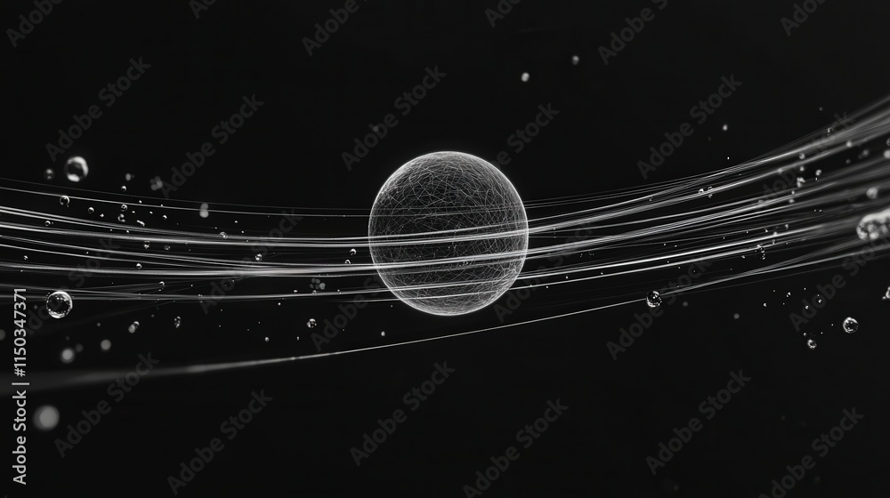 Poster Dynamic orbiting particle in motion abstract science illustration dark environment close-up view conceptual visualization
