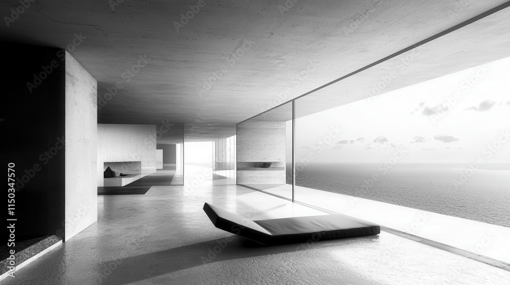 Aufkleber A tranquil minimalist room with ocean view abstract architecture modern design serene environment wide angle perspective