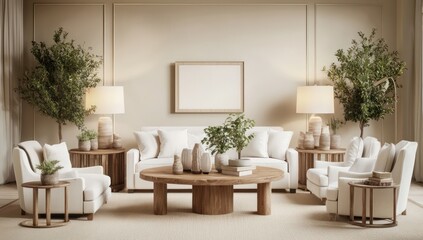 A modern living room with soft ivory walls,white sofand armchairs