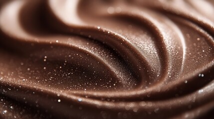 A close-up view of smooth, rich chocolate swirls, showcasing its glossy texture and fine details.