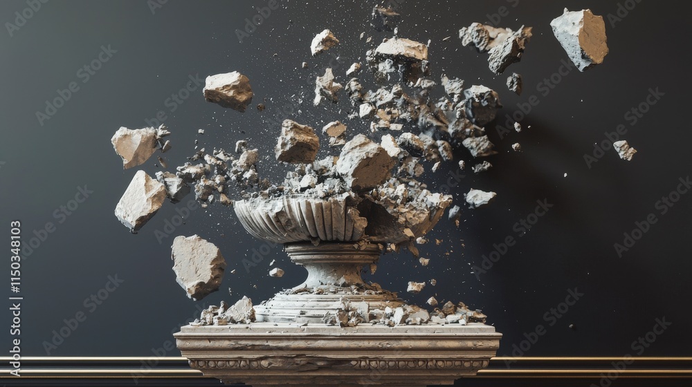 Poster Dynamic fragmentation of a pedestal sculpture art installation abstract concept studio high-resolution perspective