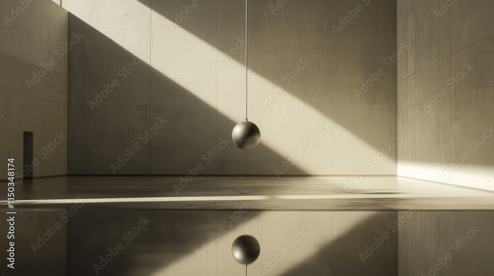 Poster frozen pendulum capture of tension amidst minimalist architecture reflective space serene environmen