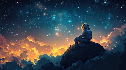 An astronaut on a rocky planet with stars in the background represents space exploration, adventure, and the vastness of the cosmos