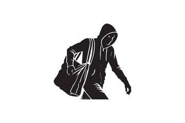 minimalist a thief carrying a bag vector silhouette black color in white background
