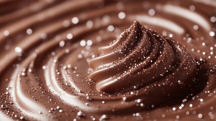 A close-up image of rich chocolate swirls, topped with shimmering sprinkles, creating an enticing and indulgent dessert presentation.