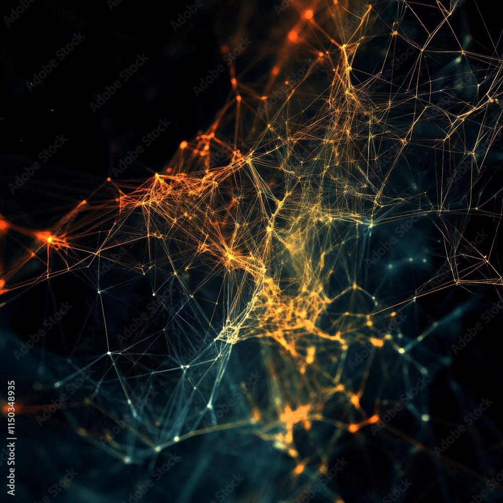 Poster complex network of glowing lines and nodes displaying vibrant colors in a dark abstract background d