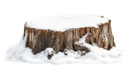 Tree stump covered with snow, transparent background