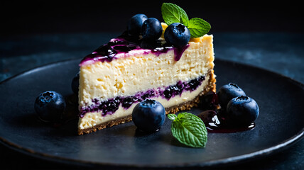 A decadent slice of blueberry cheesecake with blueberries on a black plate.