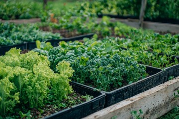 Vegetables in the plot. Mustard greens growing in the garden on an organic farm.