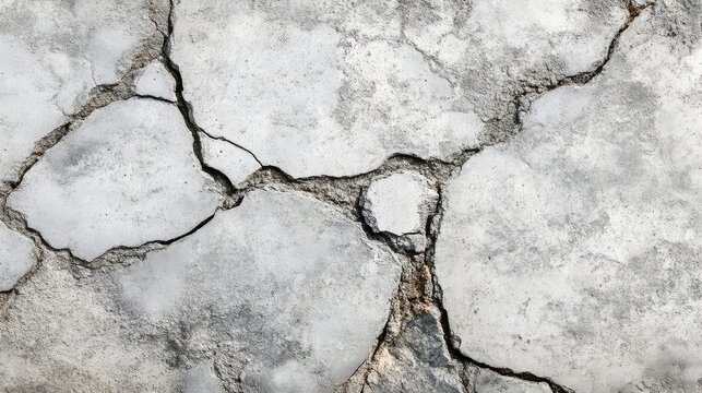 A detailed view of cracked concrete, showcasing various sizes of fissures and texture, evoking a sense of age and wear.