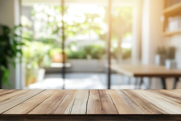 Wooden table top with blurred background of bright sunlit patio and interior.