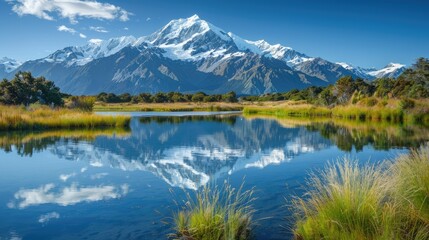 Tranquil lake reflecting snow-capped mountains