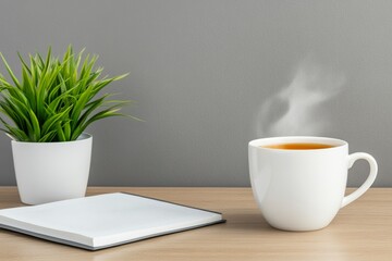 A serene photo of a journal open to a gratitude and goals page, placed on a wooden desk with a steaming cup of tea