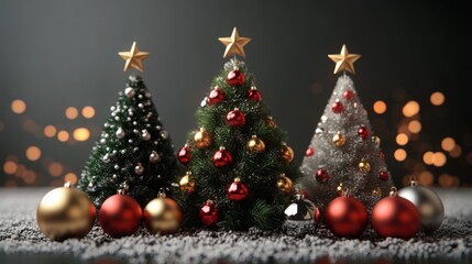Festive Christmas Trees with Ornaments in a Cozy Winter Setting.