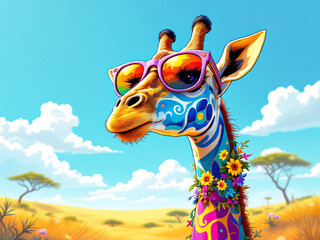 Giraffe, colorful, vibrant, sunglasses, orange sunglasses, cool, stylish, funky, whimsical, playful, unique, creative, artistic, patterned, multicolored, close-up, portrait, wild, animal, safari, zoo,