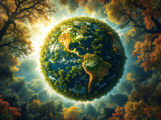 Vibrant Earth surrounded by lush trees under a bright, cloud-filled sky, symbolizing harmony.