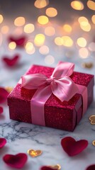Fototapeta premium Elegant gift box with satin bow and rose petals on marble