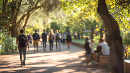 People walking in blurred villa borghese gardens with sunlight filtering through trees, featuring men and women in an outdoor setting in rome.