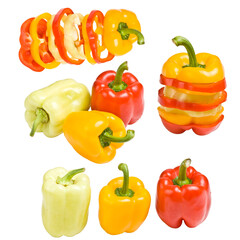 Colorful bell peppers, whole, sliced, and stacked