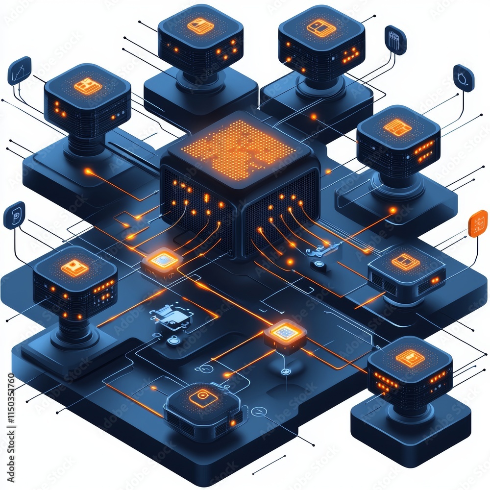 Aufkleber innovative technology concept displaying a central processor connected to multiple microchips and da