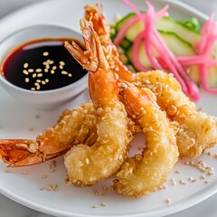 A delicious and crispy tempura shrimp with a light batter, served with a side of dipping sauce and a small salad, on a white plate