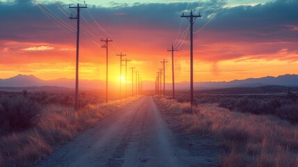 Sunset over a dusty road with power lines.