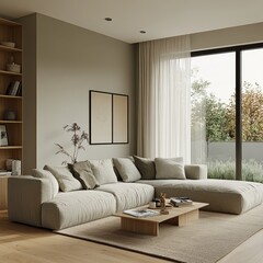 Obraz premium Modern Living Room Featuring a Spacious Sectional Sofa, Wood Accents, and Large Windows Allowing Natural Light in a Serene Setting