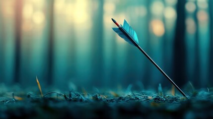 A close-up of a colorful arrow resting on the forest floor in soft focus. © Inlovehem
