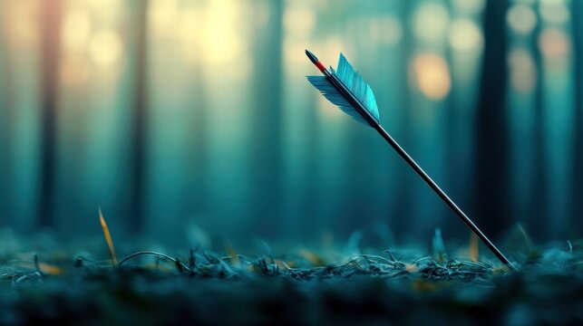 A close-up of a colorful arrow resting on the forest floor in soft focus.