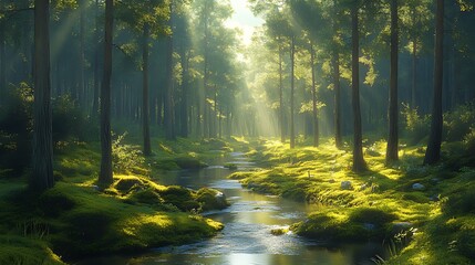 Obraz premium Sunbeams illuminate a tranquil stream flowing through a lush, mossy forest.