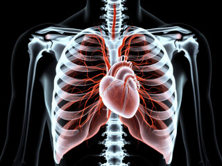 Human circulatory system with heart and major blood vessels inside the skeleton.